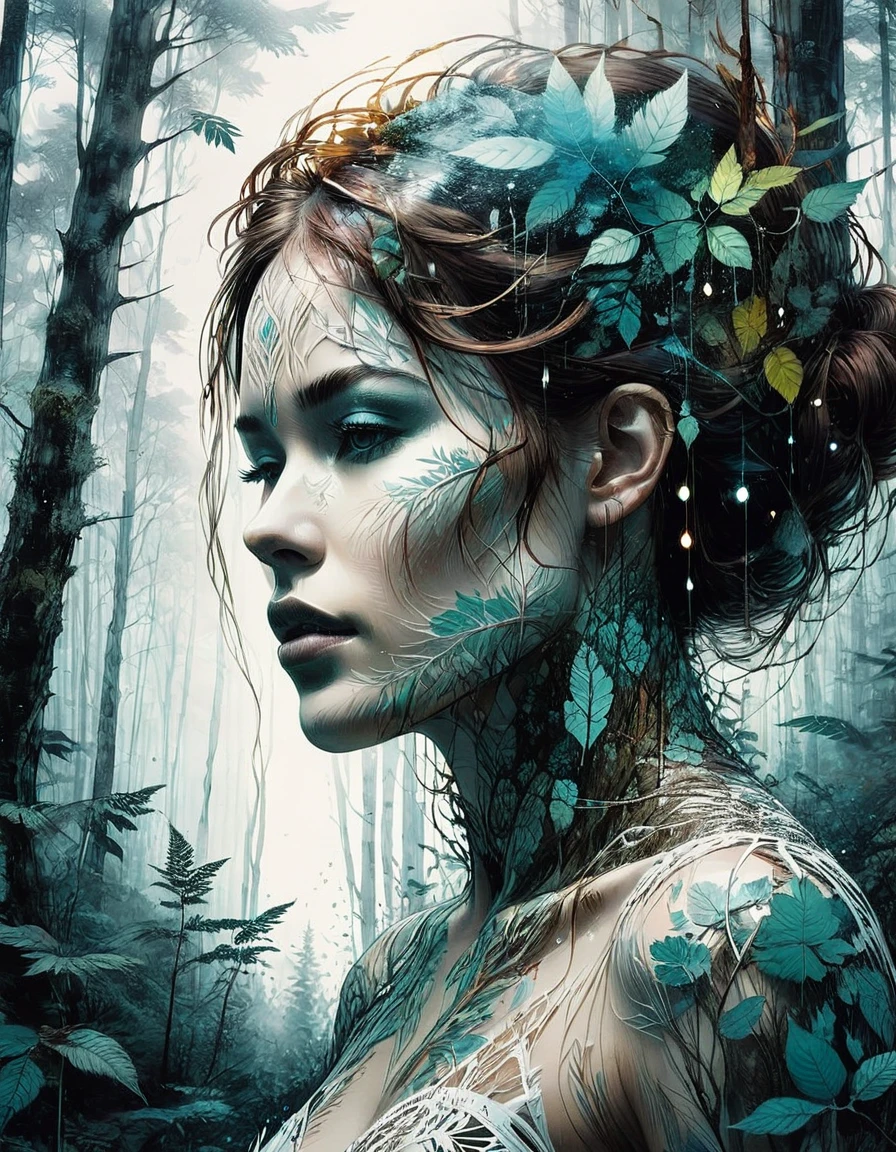 double exposure, solid white background, mysterious silhouette forest woman, by Minjae Lee, Carne Griffiths, Emily Kell, Geoffroy Thoorens, Aaron Horkey, Jordan Grimmer, Greg Rutkowski, amazing depth, masterwork, surreal, geometric patterns, intricately detailed, bokeh, perfect balanced, deep fine borders, artistic photorealism , smooth, great masterwork by head of prompt engineering 