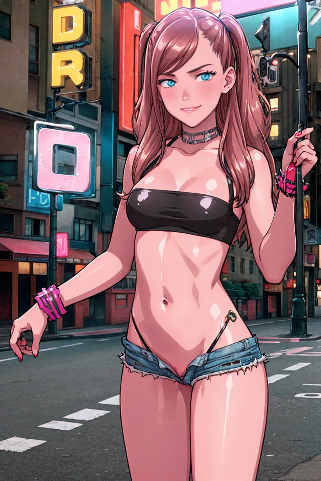 masterpiece, best quality, (1girl:1.5), nice hips, slut, slutty bimbo clothes, medium breasts, smile, slut, young girl, bratty girl, wide hips, pink crop top, shorts, midriff, hip sway, slutty, (night), neon lights, redlight district, outside, road, many male, surrounded by men, multiple men, pussy peek, thong, (street hooker:1.5), neon lights, detailed eyes, multiple girls, nighttime, nightsky, cars, (solo),