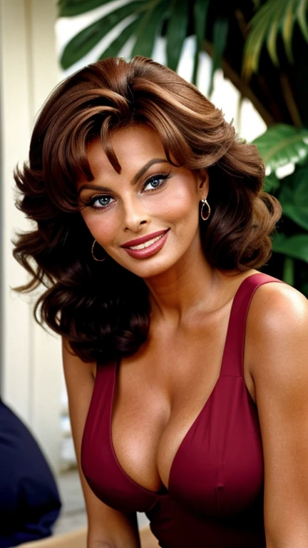 Sophia Loren in sexy low cut clothes with lipstick and smiling