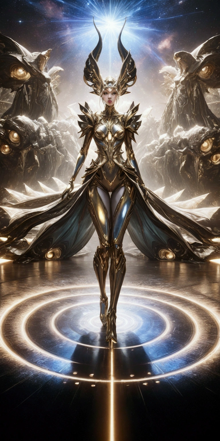 a closeup of a woman in costume standing in a circle, of a beautiful female warframe, Style by Raymond Swanland, Increíble arte conceptual de personajes en 8k, awesome cg society, UNREAL ENGINE RENDERING + a goddess, goddess of light quality\(8k,bottom de pantalla de una unidad CG extremadamente detallada, masterpiece,High resolution,top-quality,top-quality real texture skin,hyperrealistic,increase resolution,RAW Photos,The best quality,Very detailed,el bottom de pantalla,cinematic lighting,ray trace,golden ratio\), BREAK ,6+Girls\(aliens, fashion models, Futuristic, ultra avant-garde fashion, shiny skin, soft skin, against post, models posing\(beautiful, elegant\),(Whole body:1.5),beautiful,\), BREAK ,bottom\((fashion show), (on the track), colored spotlights, Lots of audience\(aliens\), Galaxy\)