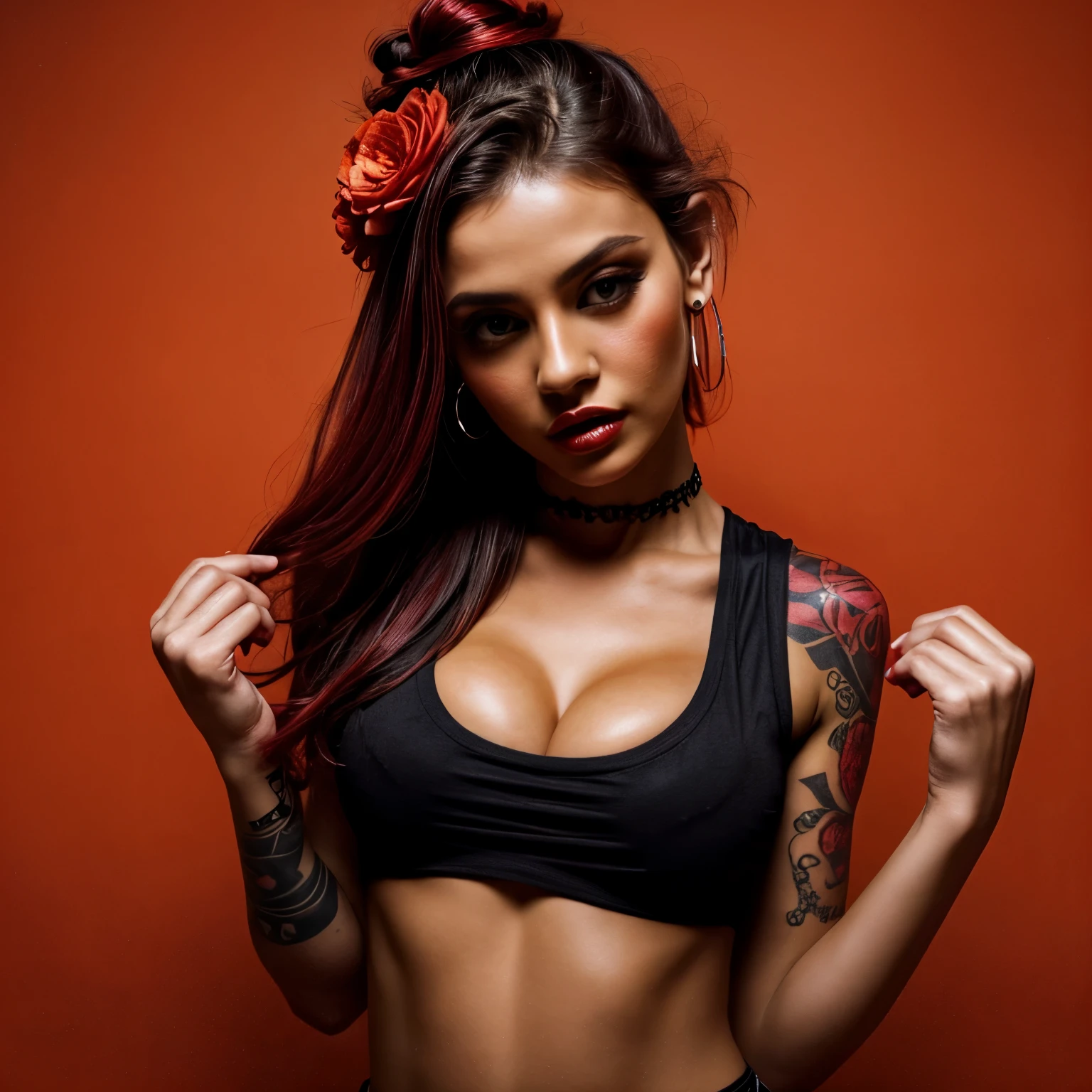 photography of a beautiful monster woman with flowers in her hair. (from above:1.2).(close up) . deep cleavage, wearing a crop top , wearing earing,dark red-red-orange color, punk woman with runic tattoos,(captivating expression). blury background. slim, (small breasts), (t-shirt, open vest, midriff)