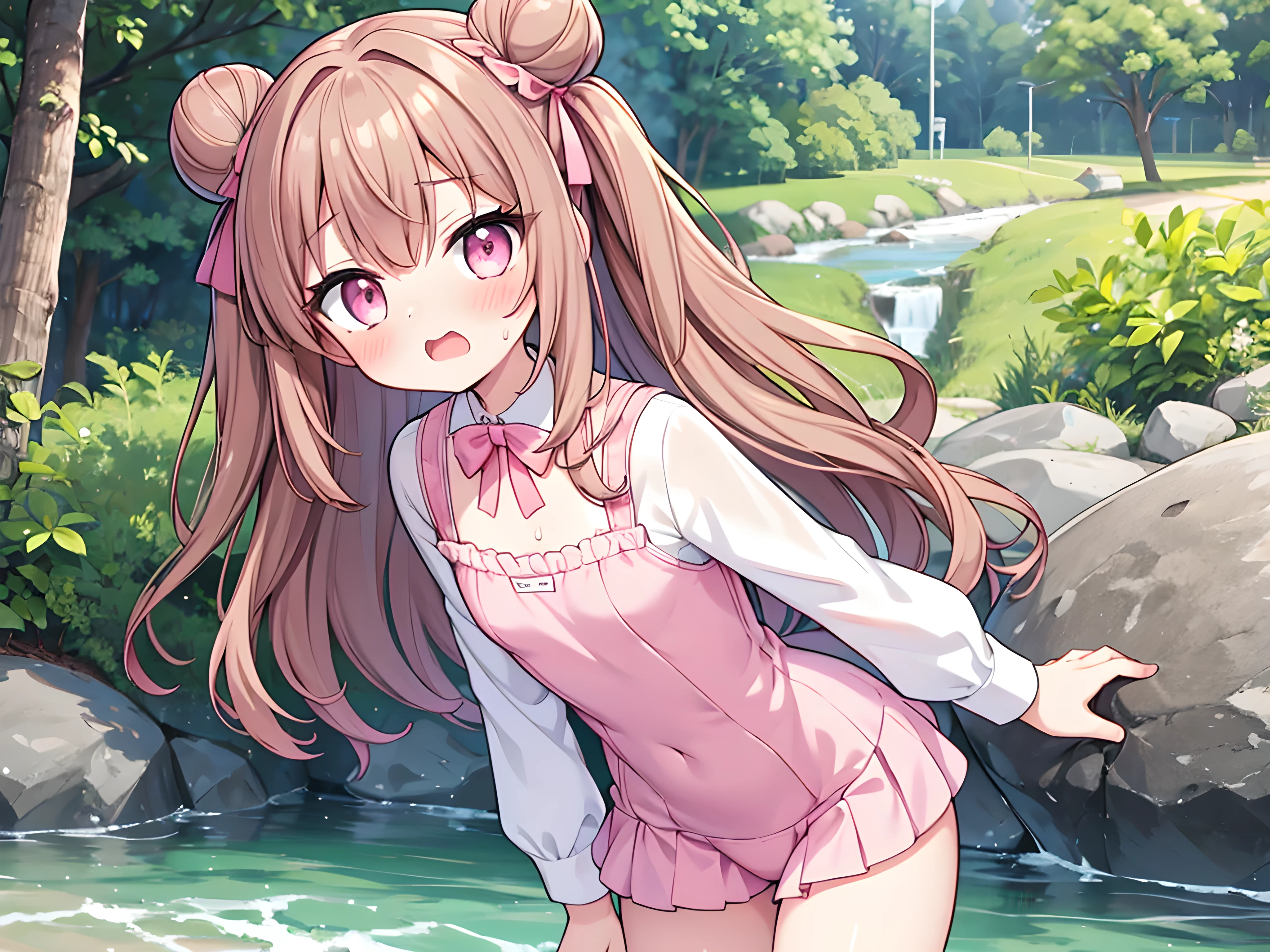 score_9, score_8_up, score_7_up, score_6_up, score_5_up, score_4_up, source_anime, rating_questionable, 1girl, looking at viewer, (14 years old, pink eyes, cute eyes, pink ribbon, light brown hair, medium long wavy hair, two small buns, bangs, small breasts, flat chest), opened mouth, embarrassed, sweat, blush, pink swimswit, in the river of the forest, good_hands