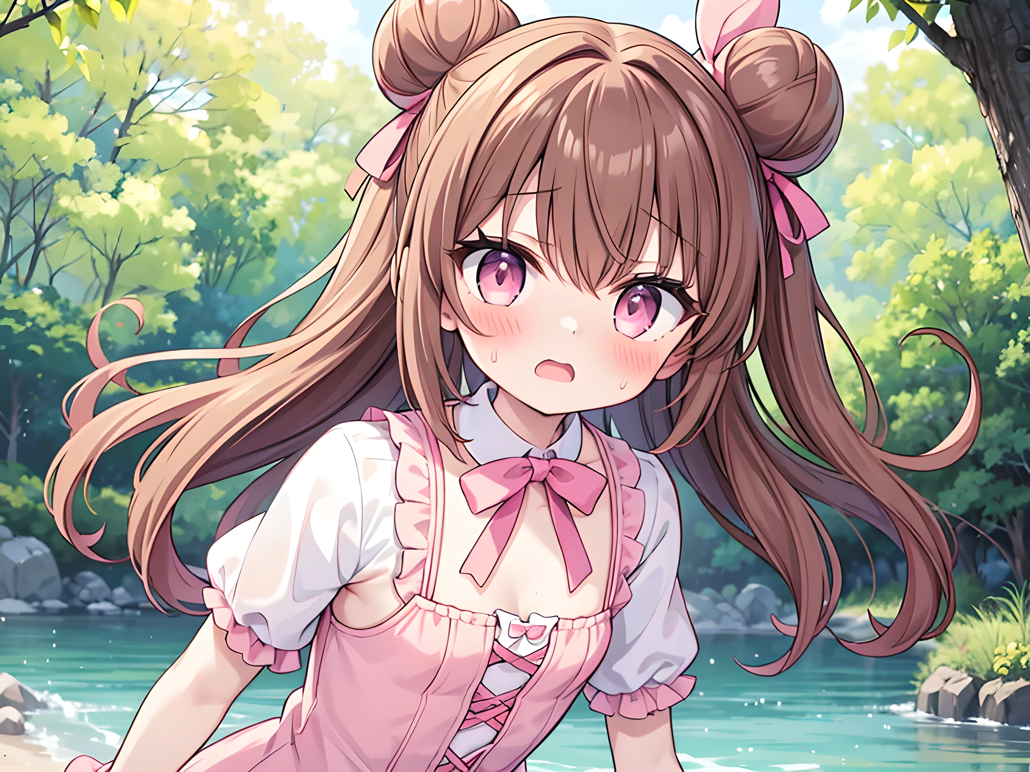 score_9, score_8_up, score_7_up, score_6_up, score_5_up, score_4_up, source_anime, rating_questionable, 1girl, looking at viewer, (, pink eyes, cute eyes, pink ribbon, light brown hair, medium long wavy hair, two small buns, bangs, small breasts, flat chest), opened mouth, embarrassed, sweat, blush, pink swimswit, in the river of the forest, good_hands