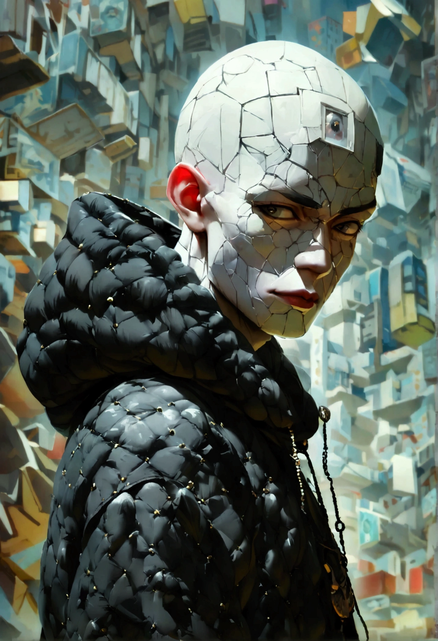 Imagine a ghost figure with floating arms like a white block, blocky and stylized. He's bald, with a permanent mischievous grin plastered on his face. He favors a black hoodie, the kind that screams 'I'm up to no good', and always sports a pair of black devil ears on a hoodie hat that hides his bald head and eyes. He's never seen without his pants, though what lies beneath is anyone's guess. What really sets him apart are the black crystals embedded in his legs, running from his knees down like some kind of unholy shin guards, and his tail – black, sleek, and rumored to be incredibly sensitive, his skin color is a literal pale white, and make the artstyle anime 20s
