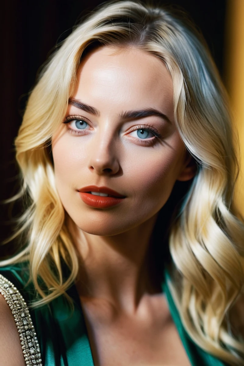 Create a realistic portrait of a 29-year-old woman facing the camera. She has a noticeable and magnetic presence. Her eyes should be a dark green color, similar to Margot Robbie's. Her jawline and lips should resemble those of Sharon Stone, with lips like Monica Bellucci. 
Her hair is white blond with a pearly sheen.
Photo of a European girl, raw, Beautiful woman, (Extra long wavy blonde hair), , 
((Detailed face:1.2)), 
((detailed facial features)), 
(finely detailed skin),
 pale skin,
 
 Photo of a European girl, raw, Beautiful woman . closeup portrait, Surreal, amazing quality, masterpiece, best quality, awesome, inspiring, a light smiling amused woman with hair over her eyes, hair completely covers her face. cinematic composition, soft shadows, 
atmospheric haze, Film grain, cinematic film still, shallow depth of field, highly detailed, high budget, cinemascope, moody, epic, OverallDetail, 2000s vintage RAW photo, photorealistic, candid camera, color graded cinematic, atmospheric lighting, imperfections, natural, shallow dof