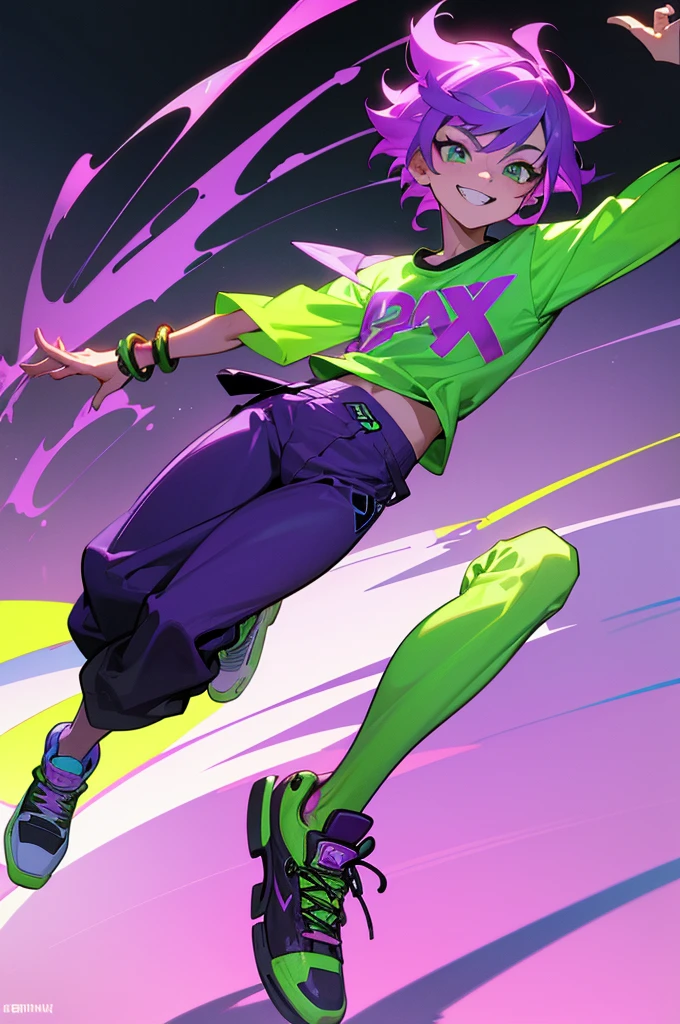 - Neon purple skin, bright green eyes, energetic young man, playful grin, midday, 8k resolution, vibrant skate park, dynamic setting, short hair, full-body shot, graphic t-shirt, lively expression, amethyst bracelet, fit build, no blemishes, skateboard in hand, colorful sneakers.

