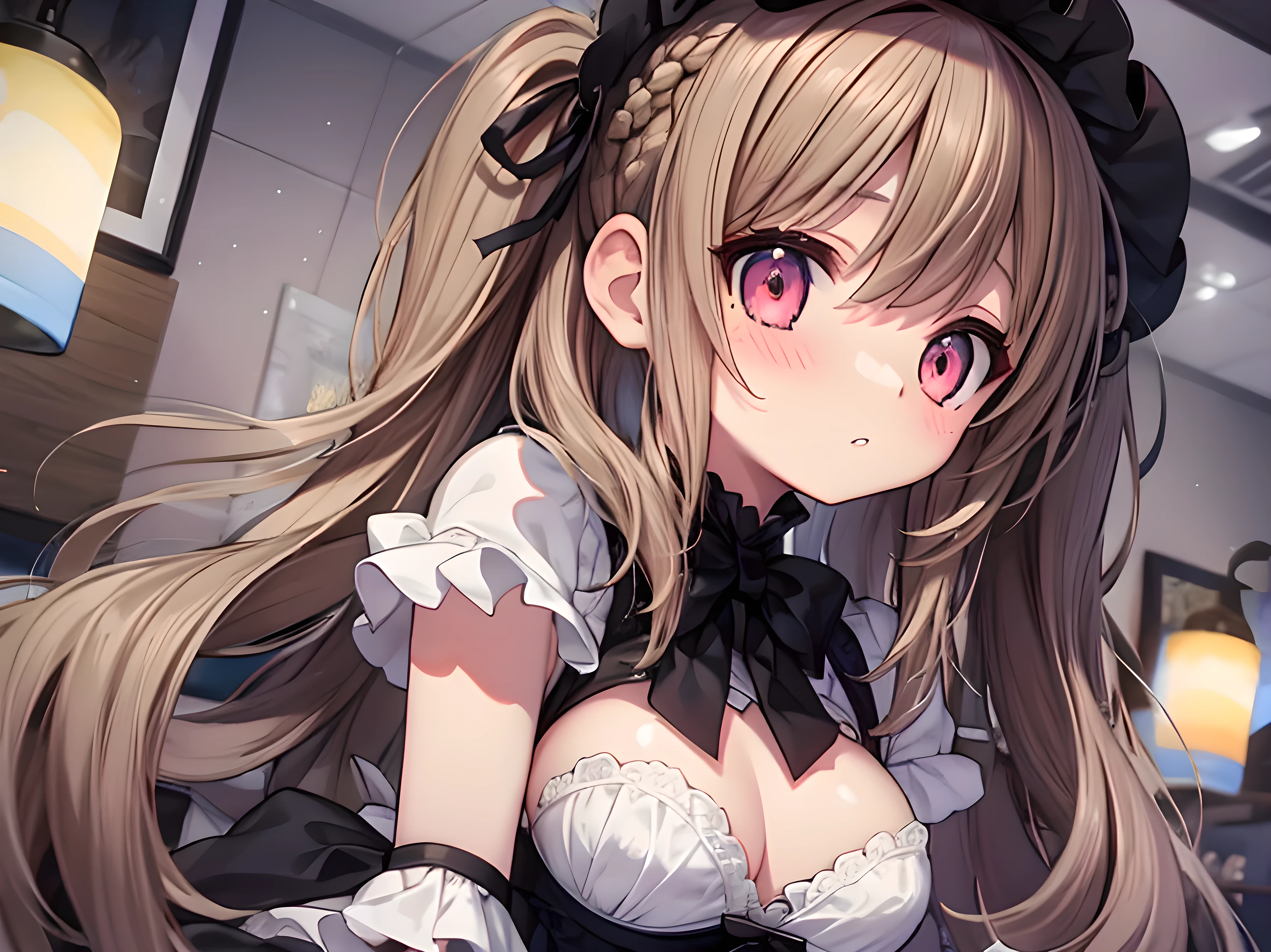 masterpiece, best quality, ultra-detailed, 1girl, rating: sensitive, ((gothic ta fashion, black clothes, frill)), ((changing clothes, opened clothes, undone clothing, white bra, white panty)), (((17 ynk eyes, cute eyes, eyes in highlight:1.2, very cute face, hair libbon, detailed hair, light brown hair, long thick wavy twintails:1.2, bangs, medium breasts, blush:1.3, shy:1.2, parted lips))), looking at her own hand, viewed from below, ((cowboy shot)), candles, crosses
