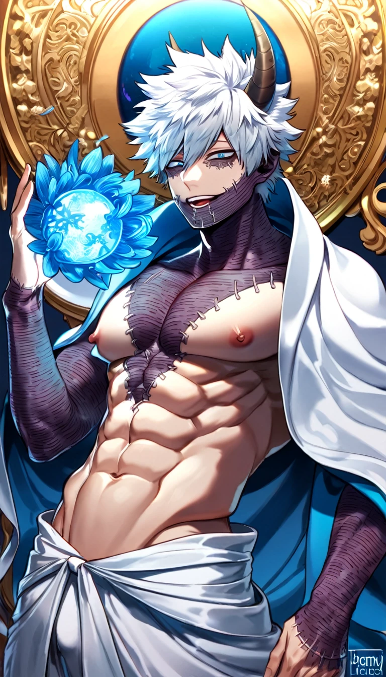 absurdres, highres, ultra detailed, HDR, master piece, best quality, Dabi, white hair, expressive turquoise eyes, Boku No Hero Academia, solo, sexy man, handsome, horny, demon, horns, lewd, fantasy white clothes, blue cape, accessories, showing the chest, blue sky, blue moon, blue trees, blue spider lilies, fantasy, dark magic, magical