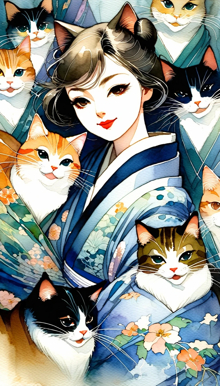 (Watercolor style:1.4), (Muted Tone:1.3), Delicate, Detail, Masterpiece,(colorful)illustration (best quality:1.2),intricate details, newest, edo,cat,darknight,midnight, Fantasy world, high leg kimono, attractive, shoulders, thighs, Living kimono, talking with kimono, moving kimono, discussion heated, fun, several cats in kimono at my feet, view from above, close up, Calm soothing look, Warm happy reassuring smile, dynamic angle, dynamic pose, close up, Artistic masterpieces that will go down in history, art inspired by Bill Sienkiewicz
