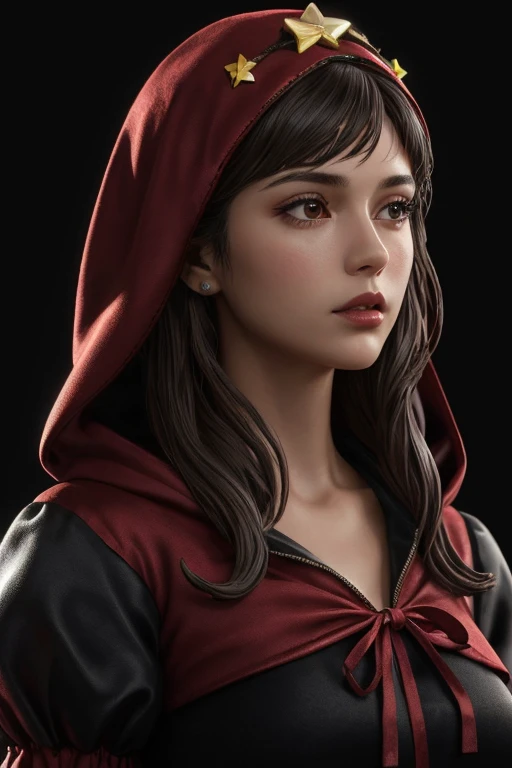 ((extreme detail)),(ultra-detailed), extremely detailed CG unity 8k wallpaper, velvet, figurine, red hood, crop top, star headdress, puffy sleeves, lips, looking away, close-up, head turn, black background