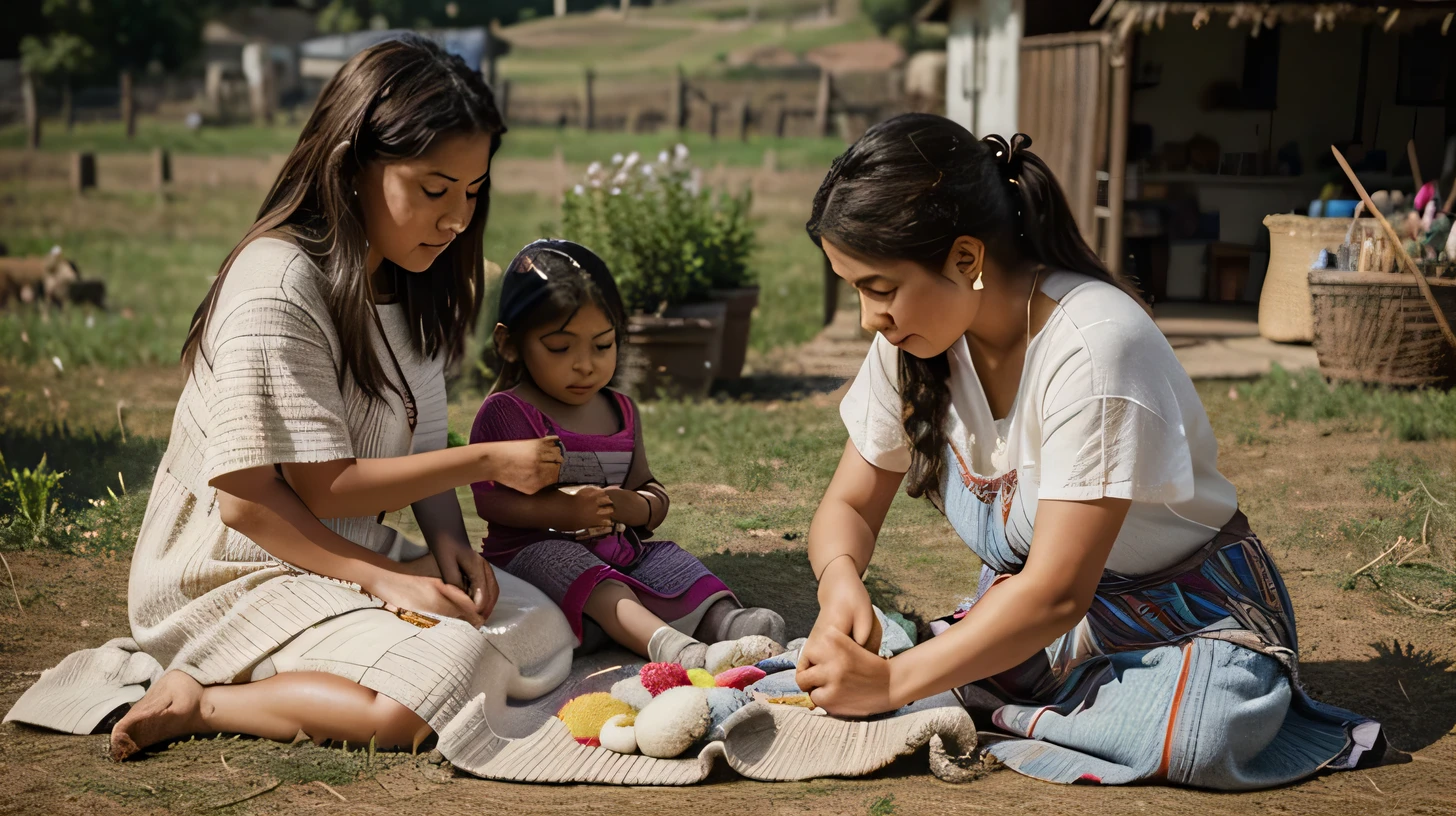 Scene 3: (Woman and children crafting)
	T: While I work in the farm fields, my wife and children are busy, too. The women are weaving beautiful textiles from alpaca and llama wool. They are knitting clothes and blankets. Our children learn these skills early, helping moms to where they can prepare for their future roles in our civilization. create this prompt with the inca empire woman and  in 1400