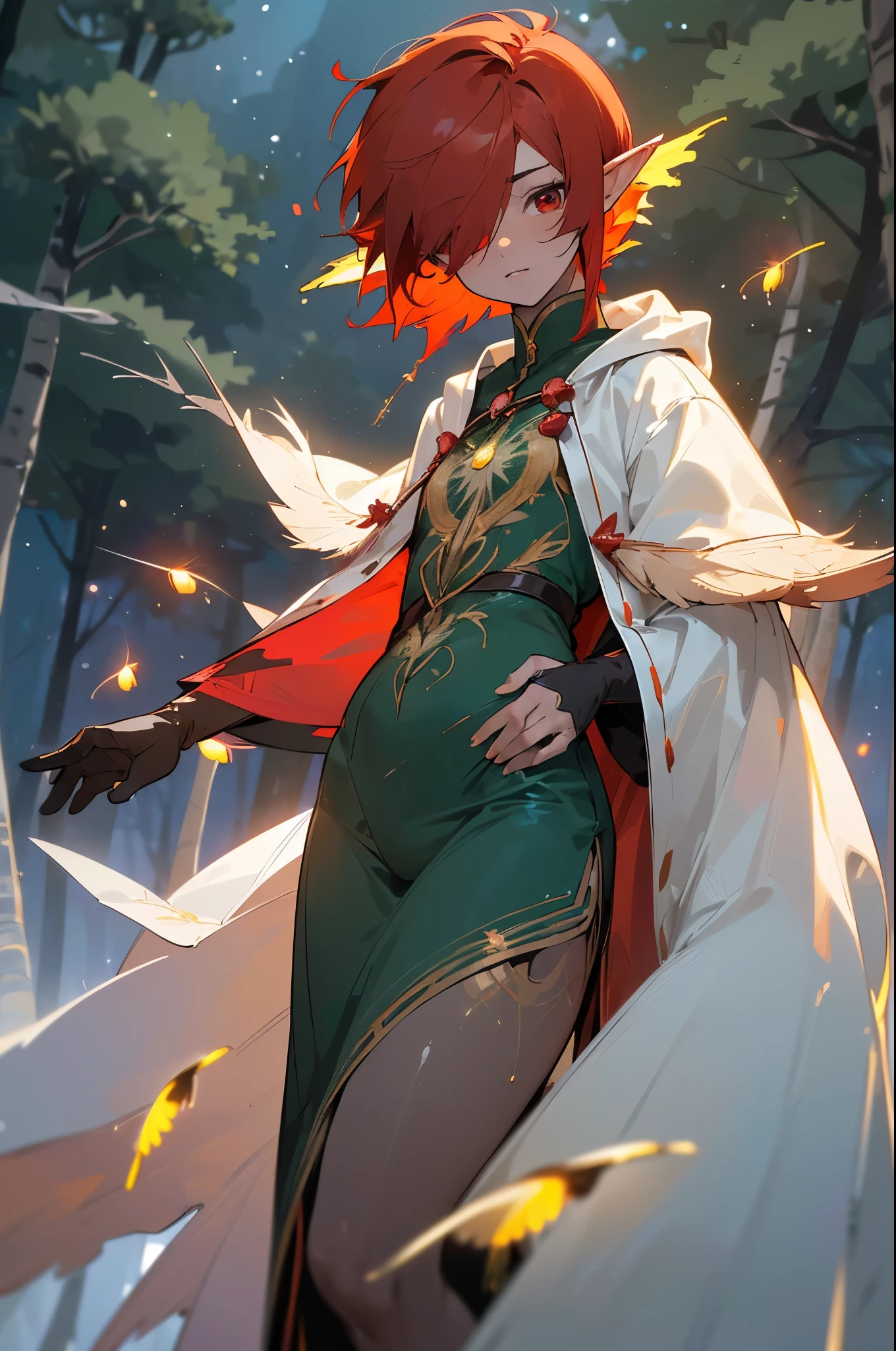 cute elf,(((little ,tiny little body,little))),((())),((anime elf with extremely cute and beautiful red hair)), (((elf))), (((elf ears))), (((flat chest))),((((red hair:1.35,short red hair,(wild short hair:1.5),((hair over eyes:1.3)),colored inner hair,ear breathing)))),(((red_eyes:1.3))),intricate eyes,beautiful detailed eyes,symmetrical eyes,big eyes:1.5,(((lustrous skin:1.5,bright skin: 1.5,skin tanned,shiny skin,very shiny skin,shiny body,plastic glitter skin,exaggerated shiny skin,illuminated skin))),(delicate detailed fingers,detailed body,(detailed face)), cute,slutty,erotic,daring,((nsfw)), revealing clothing,show skin,(((Hooded feathers coat, red feathers coat set, wear a feathers coat: 1.3,red winter coat))),((bare legs)), (half-naked, scantily clad),(((intricate outfit,intricate clothes,embroidered outfit,ornate outfit,embroidered clothes,ornate clothes))), (dynamic pose:1.0),embarrassed,(centered,scale to fit dimensions,Rule of thirds), ((((many fireflies,fireflies,glowing fireflies,fireflies in the background)))), ((eagles flying in the background:1.5)),((snowy pine forest at night)),with dark stormy clouds,winter,scenery:1.25,intricate scenery,((snow forest background)),Christmas tree, (Glossy winter ornaments),highres,sharp focus,(ultra detailed,extremely detailed),(photorealistic artwork:1.37),(extremely detailed CG unity 8k wallpaper),(((vibrant colors,vibrant theme))),(intricate),(masterpiece),(best quality),