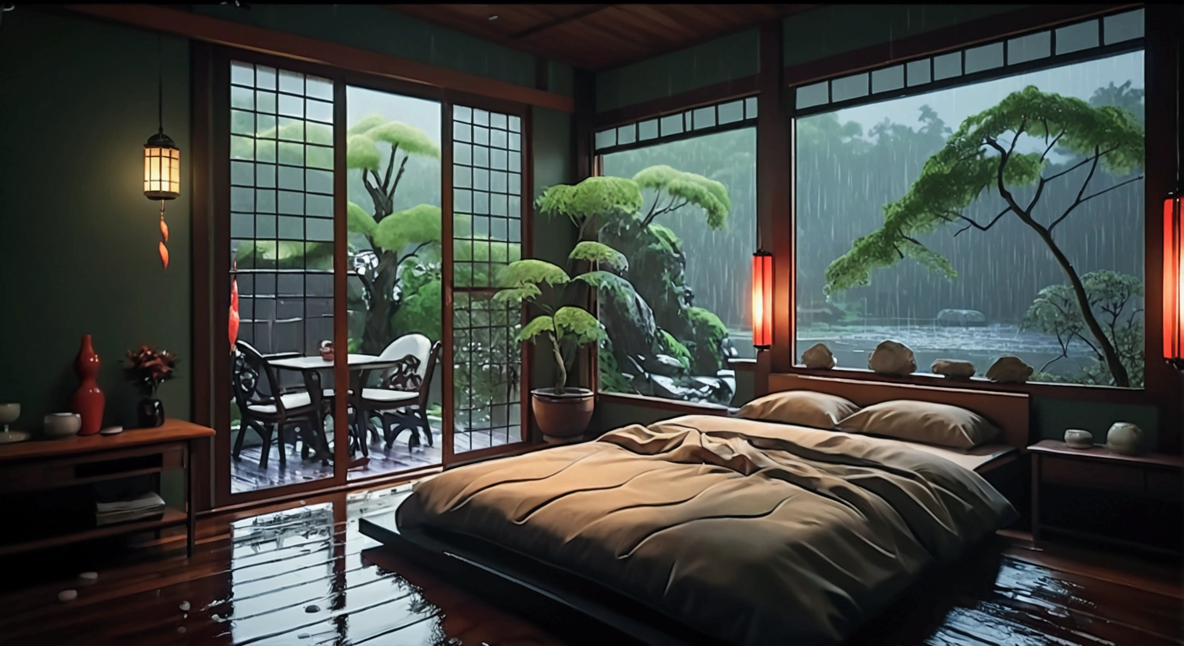 a bed sitting inside of a bedroom next to a window, a digital painting, inspired by Shūbun Tenshō, Artstation Contest Winner, ukiyo-e, at evening during rain, photo realistic image, cozy