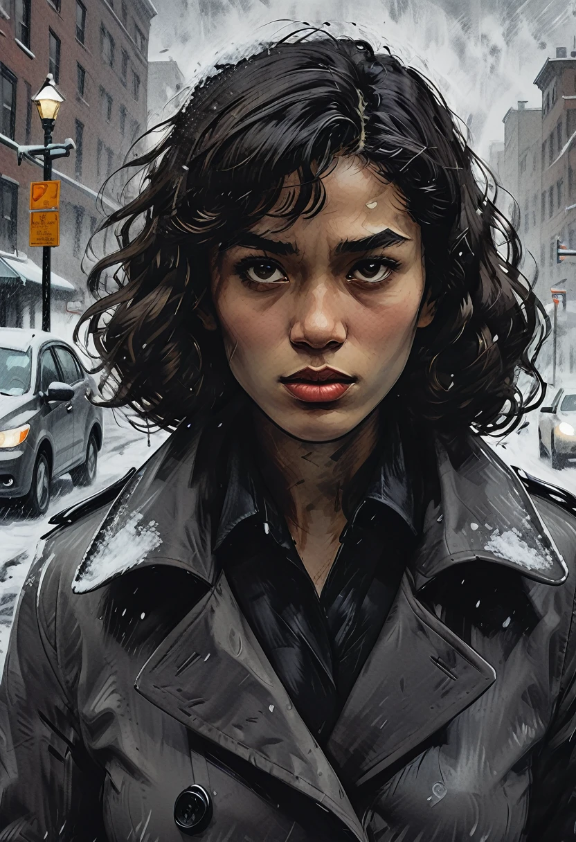 close up, drawing of a moody detective woman standing on a street corner during a strong blizzard, foggy snow storm, low visibility, film noir style, A mixed-race woman of Japanese and black descent, with well-defined curves and an elegant appearance. She has white curly hair, short in length, and a rich, radiant skin tone that reflects your mixed heritage. Your eyes are expressive and almond-shaped, with a confident and serene look.