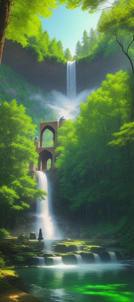 A Mosque in Forest , green, water falls, amazing day sunny day