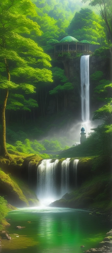 A Mosque in Forest , green, water falls, amazing day sunny day 