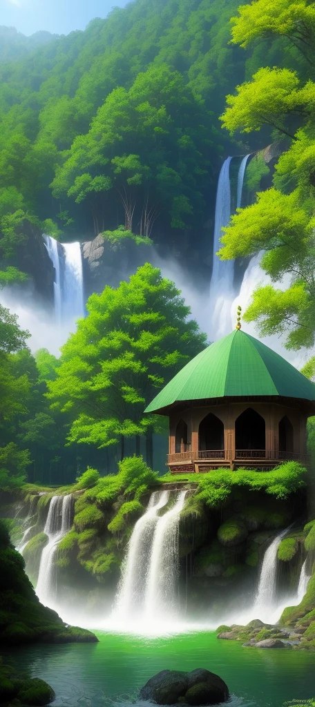 A Mosque in Forest , green, water falls, amazing day sunny day 