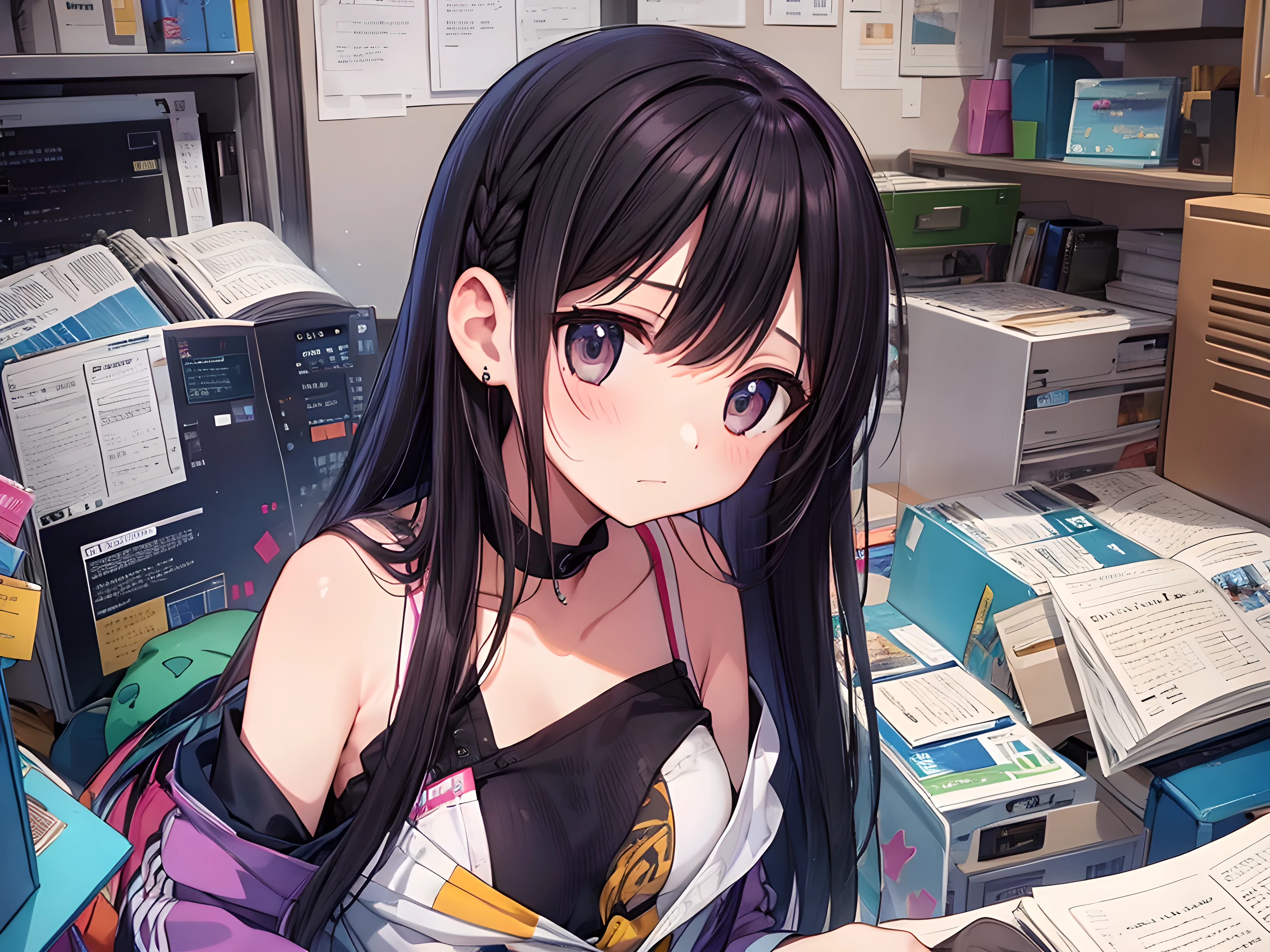 1girl,long hair,Black hair,Black eyes,bra, office