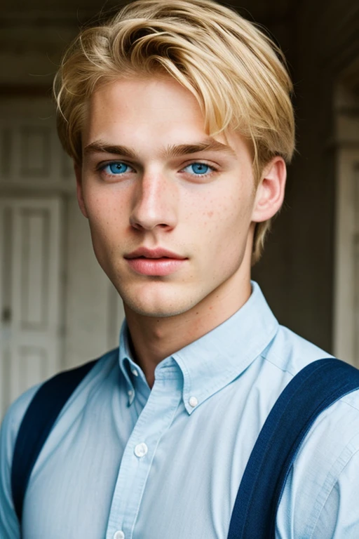 create a super handsome boy, light blue eyes, blonde, freckles, tender but imposing, type that has duality, with a marked and tall body, with a relationship xcry
