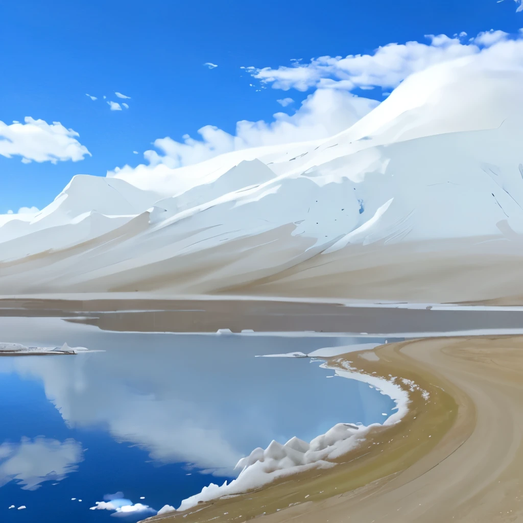 Snow Mountain,Blue sky and white clouds,tundra,lake,highway,