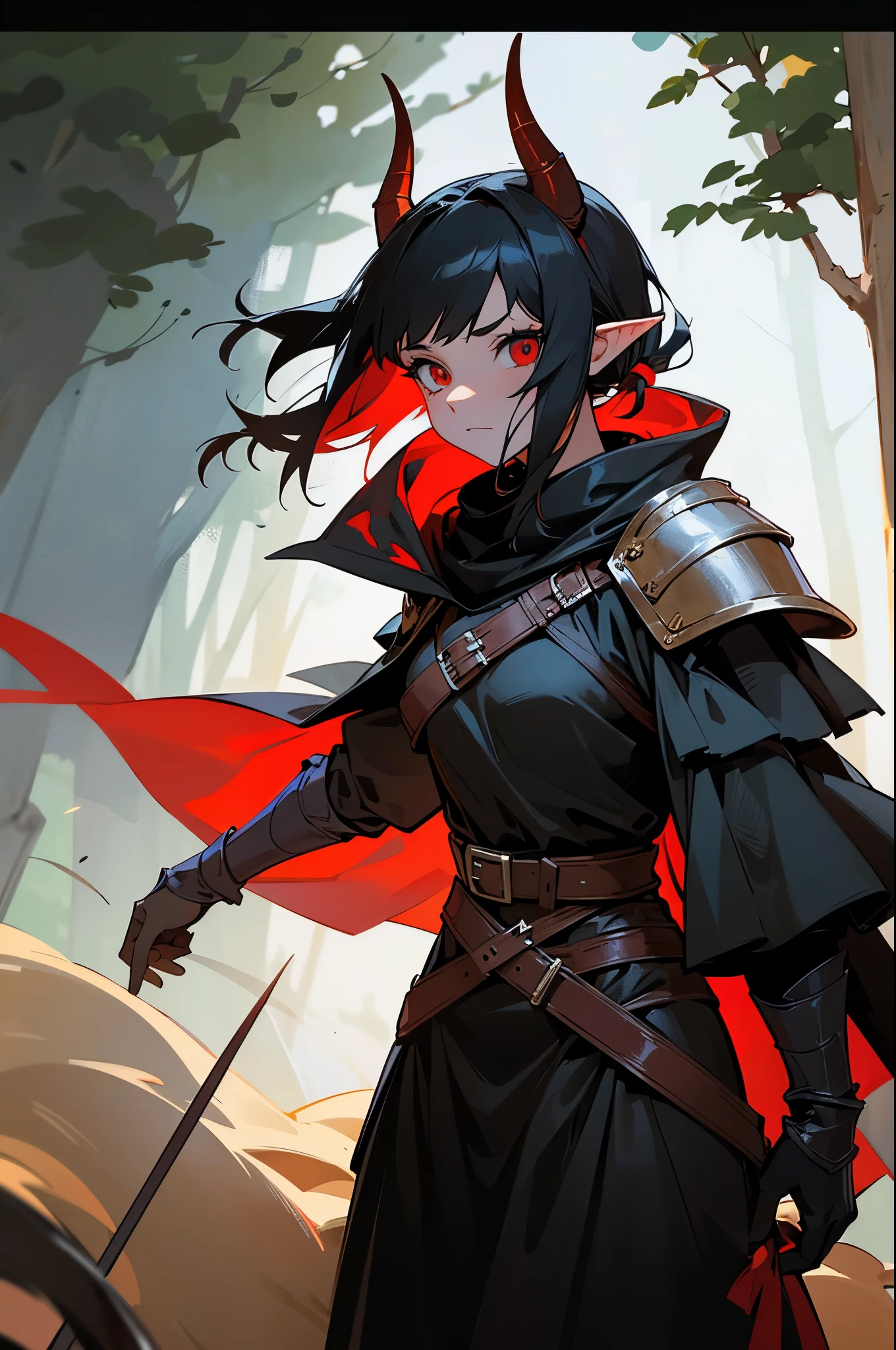 1girl, short all black hair in loose ponytail, soft red eyes, innocent eyes, elf ears, colored skin, red skin, 2 Black demon horns, demon horns, black horns, average body, wearing full leather armor, rogue cloak, hooded cloak, hood down, leather armor, rogue armor, ranger armor, covered body, fully covered, SFW, non-revealing, safe, PG13, dungeons and dragons, DnD, D&D, rogue, assassin, thief, walking through a forest, night time, dark, night, looking at viewer
