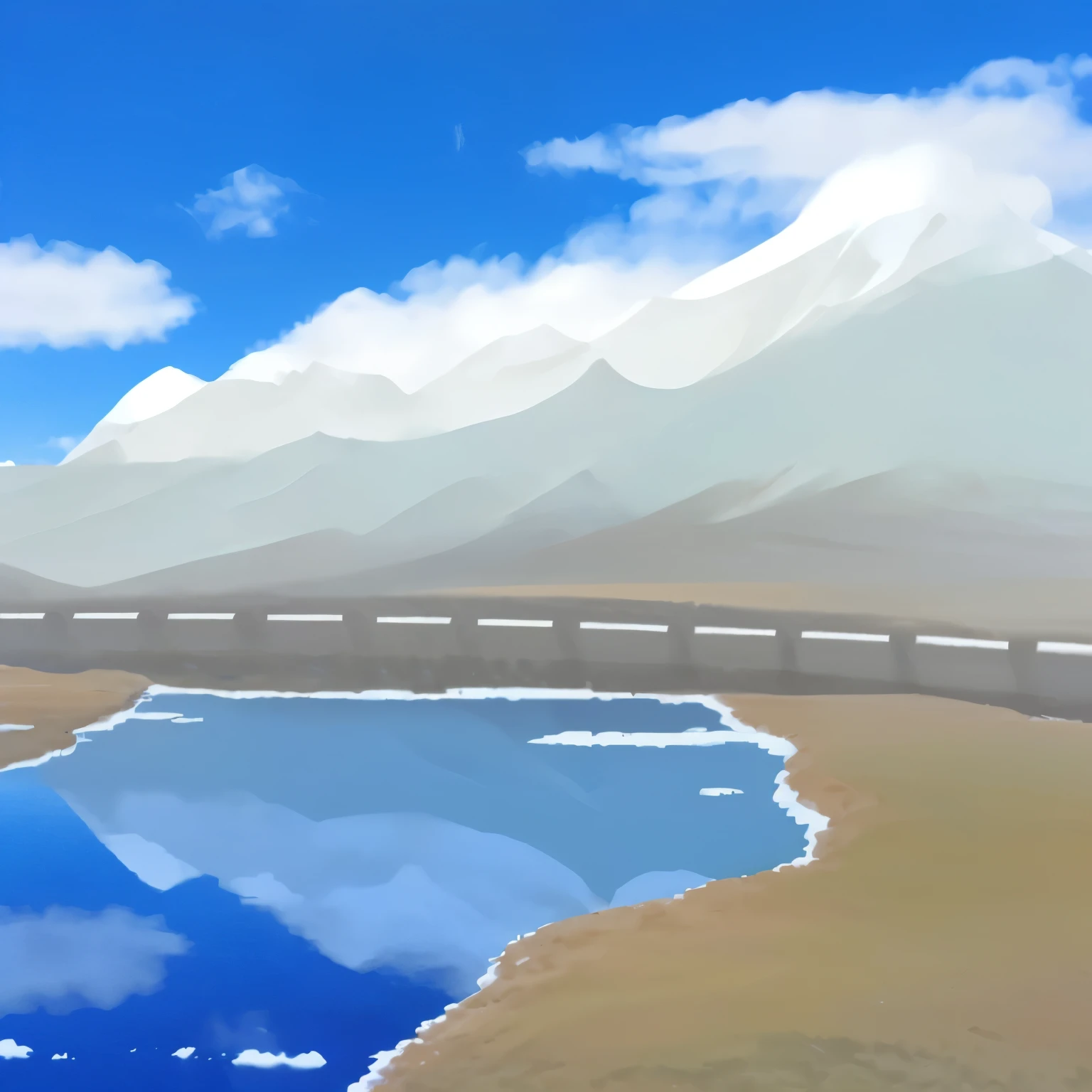 Snow Mountain,Blue sky and white clouds,tundra,lake,highway,