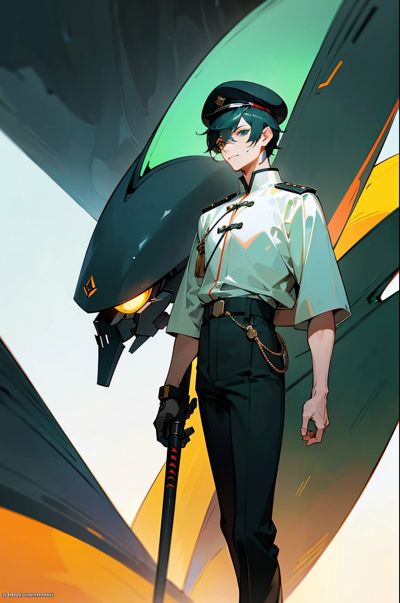 1 man, a man with black short hair, a beret on his head, icy and resolute eyes, a refined face, no expression, wears a two-piece futuristic military-style outfit, tall and slender, wears a light-colored Chinese-style undershirt, a short cape, primarily in shades of green and white, accented by touches of red and yellow, wears dark pants, holds a futuristic-style long metal rod in his hands, set within the futuristic sci-fi atmosphere of a spaceship, this character embodies a finely crafted a futuristic sci-fi military officer in anime style, characterized by an exquisite and mature manga illustration art style, high definition, best quality, highres, ultra-detailed, ultra-fine painting, extremely delicate, professional, anatomically correct, symmetrical face, extremely detailed eyes and face, high quality eyes, creativity, RAW photo, UHD, 8k, Natural light, cinematic lighting, masterpiece:1.5
