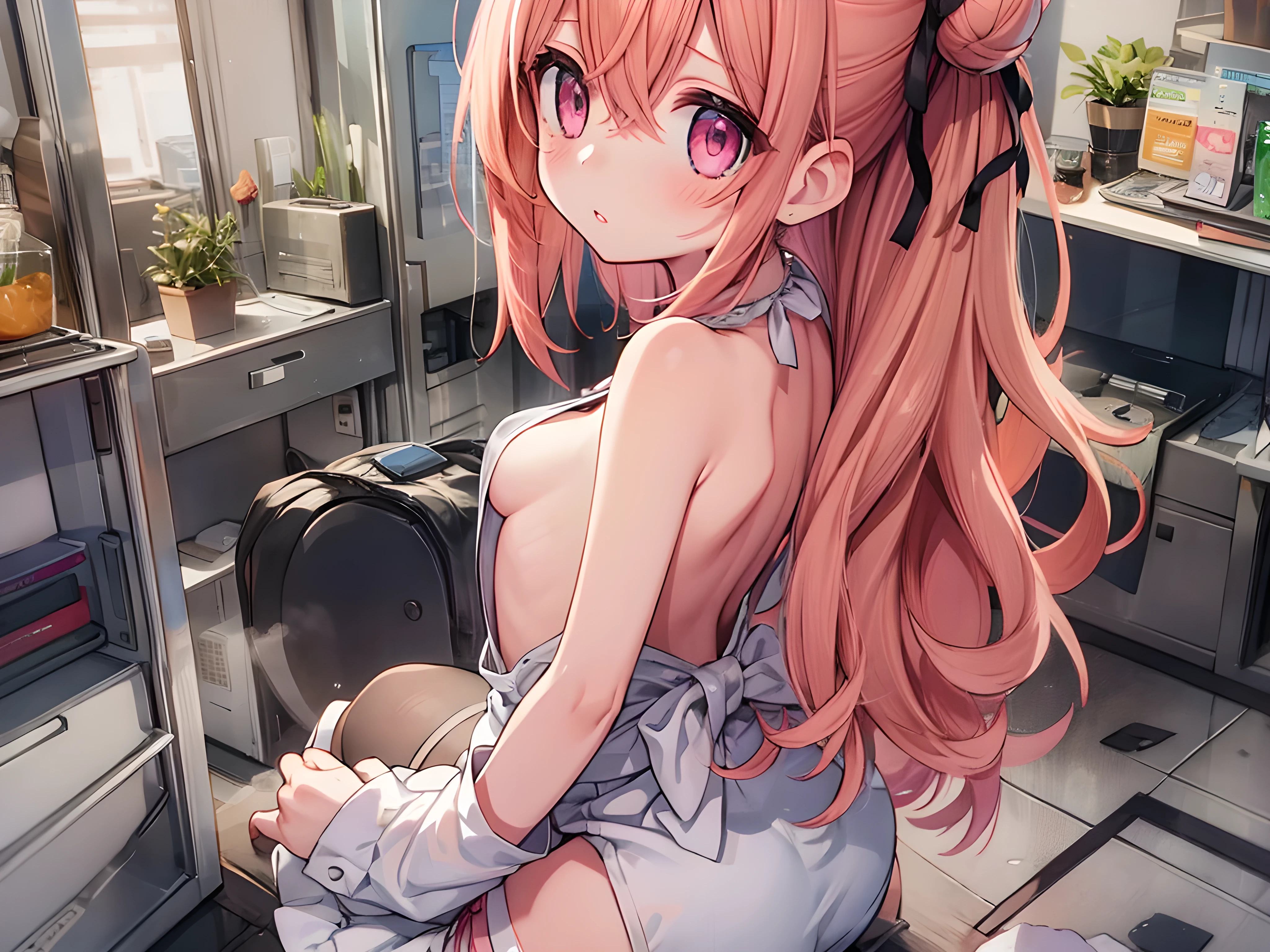 (masterpiece), (best quality), (high detailed), 1girl, at western-style parlor, viewed from above, (cute girl, pink eyes, cute eyes, hair-bow, light orange hair, medium long wavy hair, two small buns, bangs between eyes, (small breasts:1.2), nipples, blush, parted lips), maid dress, thighs, thighhights, pink panty, clothes lift, shirt lift, from behind, looking back, nipples, nude, parted lips, cleft of venus