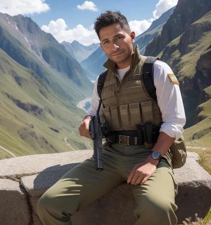 40 years old,One Man,、Peruvian　soldier、Cliff in the mountains。Sit with your legs wide open、Hold a gun,logic,Gay ,Very short hair,Stubble,Cool handsome guy、The crotch area is bulging