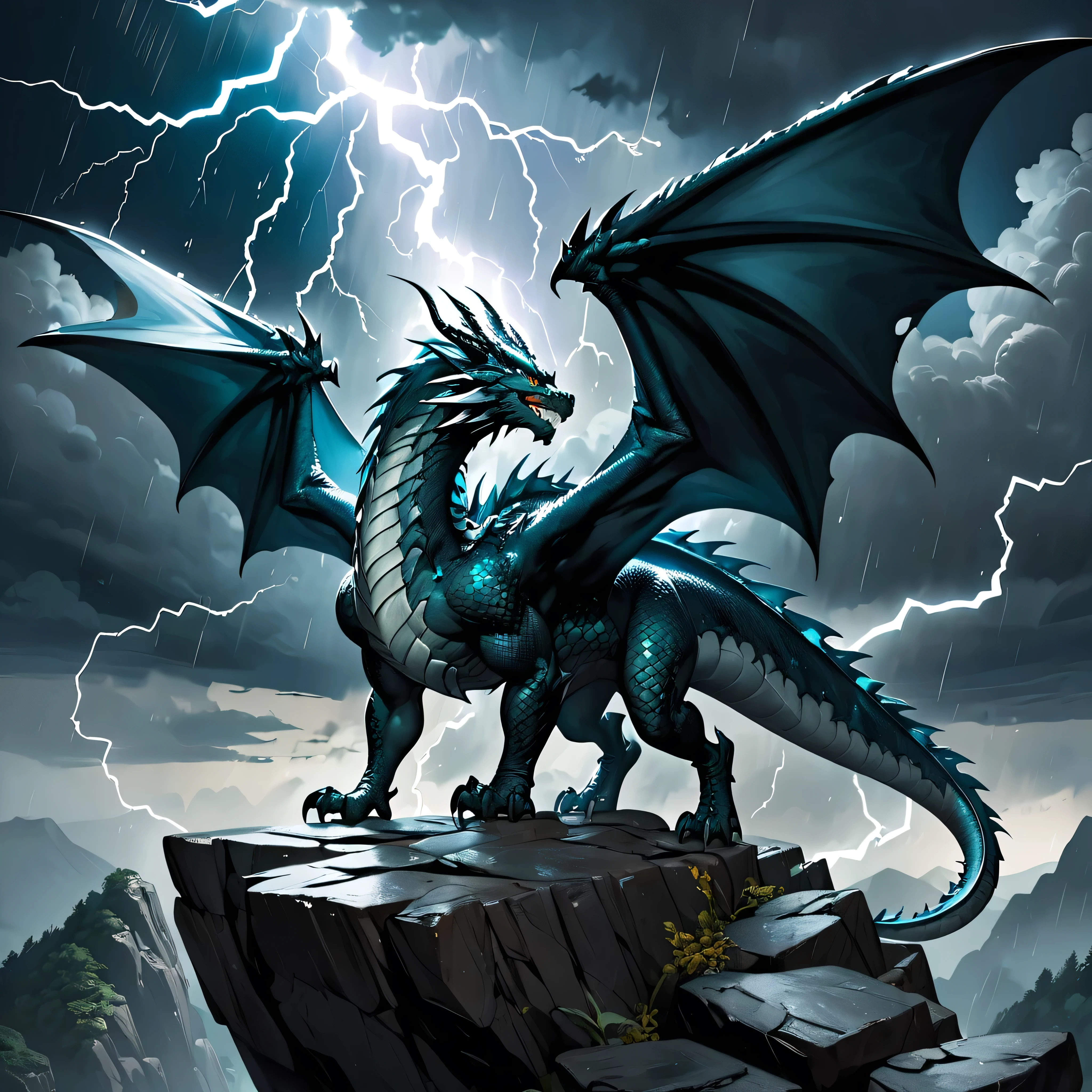 (A storm dragon with 2 wings standing on a high rocky ledge ), solo, lightning, clouds, rain, BREAK, mystical creature, realistic, ultra detailed, dynamic pose, moonlit night, detailed snowy mountain background
