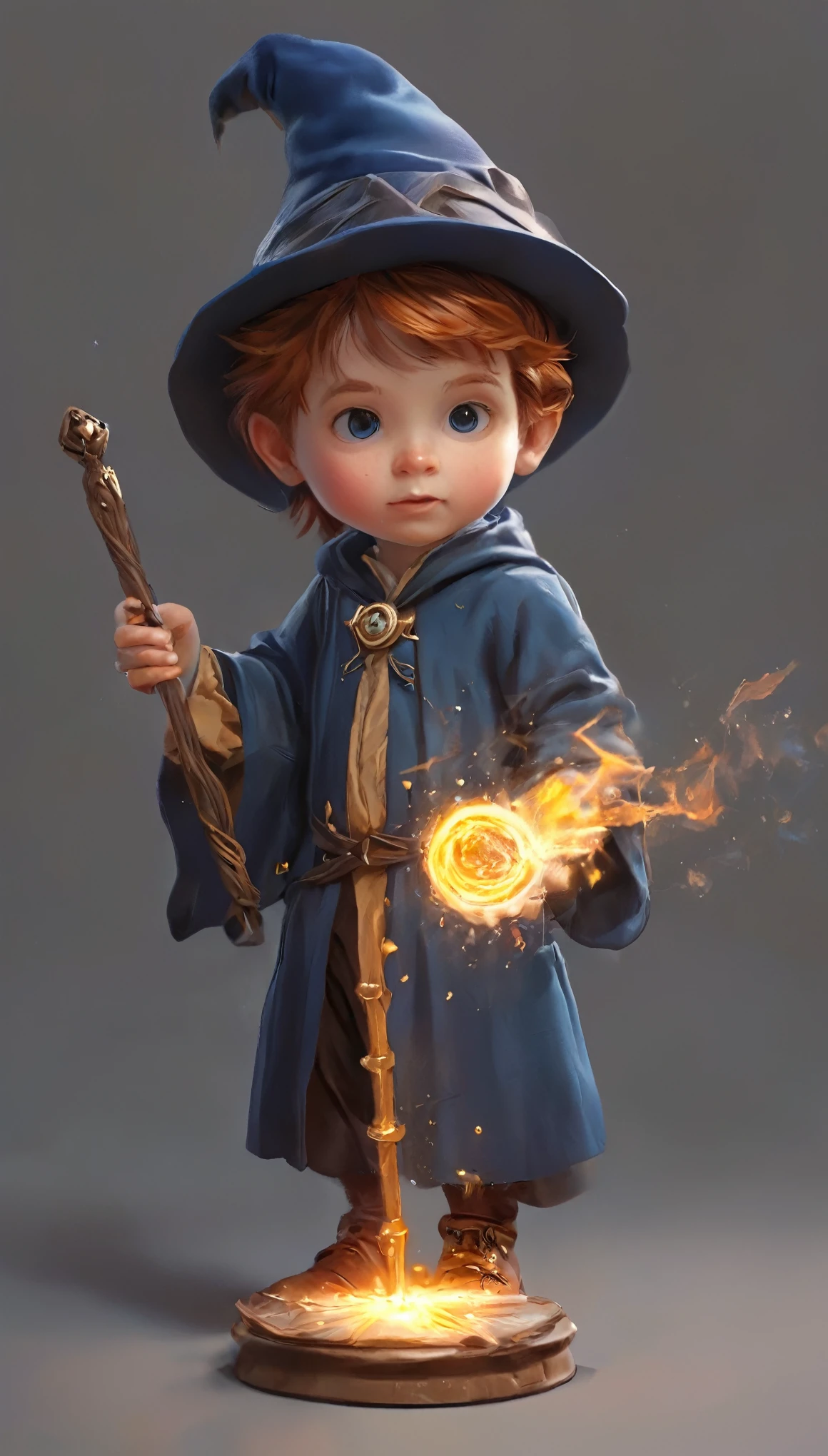 Isometric cute wizard, casting a spell with a magic wand, solid background