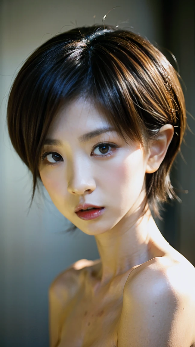 (8k、RAW Photos、Highest quality、masterpiece:1.2)、(Realistic、Realistic)、1 Japanese girl、(short hair)、((Black Hair))、((Completely naked))、((Petite women))、(((Huge breasts)))、Lots of eyelashes、Glowing eyelids、skeletally correct