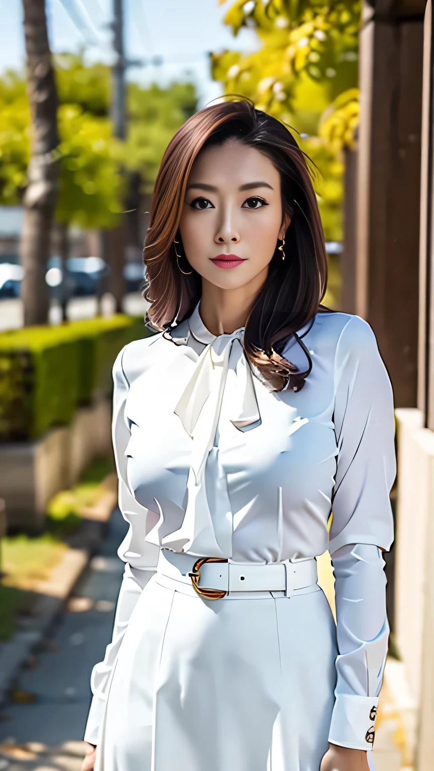 A full-body photo showing you from head to toe、Lightweight white blouse、Long skirt、belt、High heels、Handbag hanging from shoulder、Return from shopping、Yes:Alley、Surrealism, depth of field, uhd, masterpiece, anatomically correct, high details, best quality, 8k