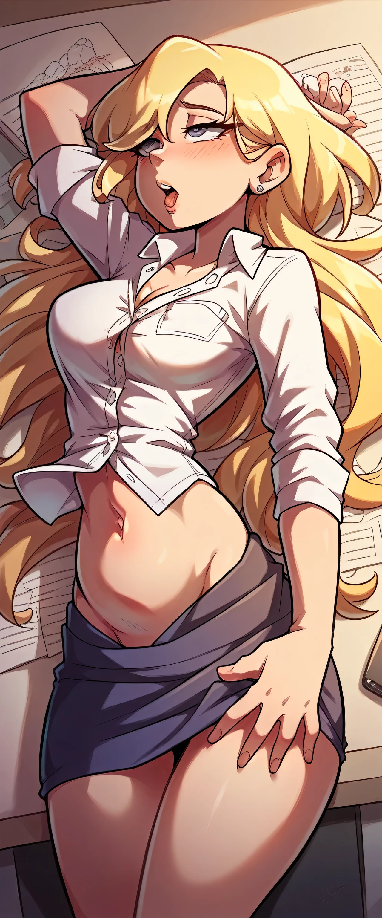 a sexy sensual woman beautiful beautiful attraction long blonde yellow hair her gray eye wears a long white button-down shirt office shows navel and a short purple skirt sex love uterus relationship sexy love