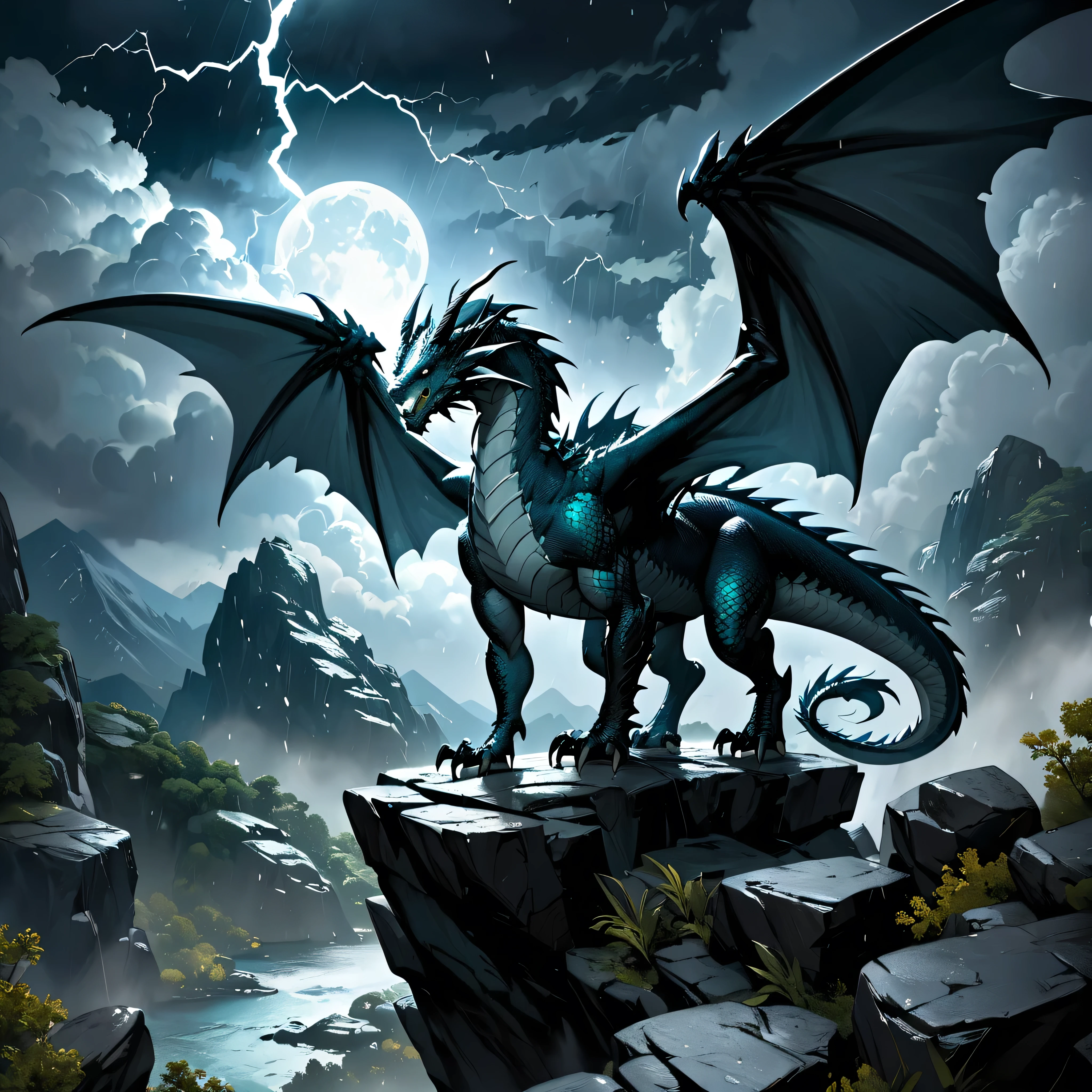 (A storm dragon with 2 wings standing on a high rocky ledge ), solo, lightning, clouds, rain, BREAK, mystical creature, realistic, ultra detailed, dynamic pose, moonlit night, detailed snowy mountain background