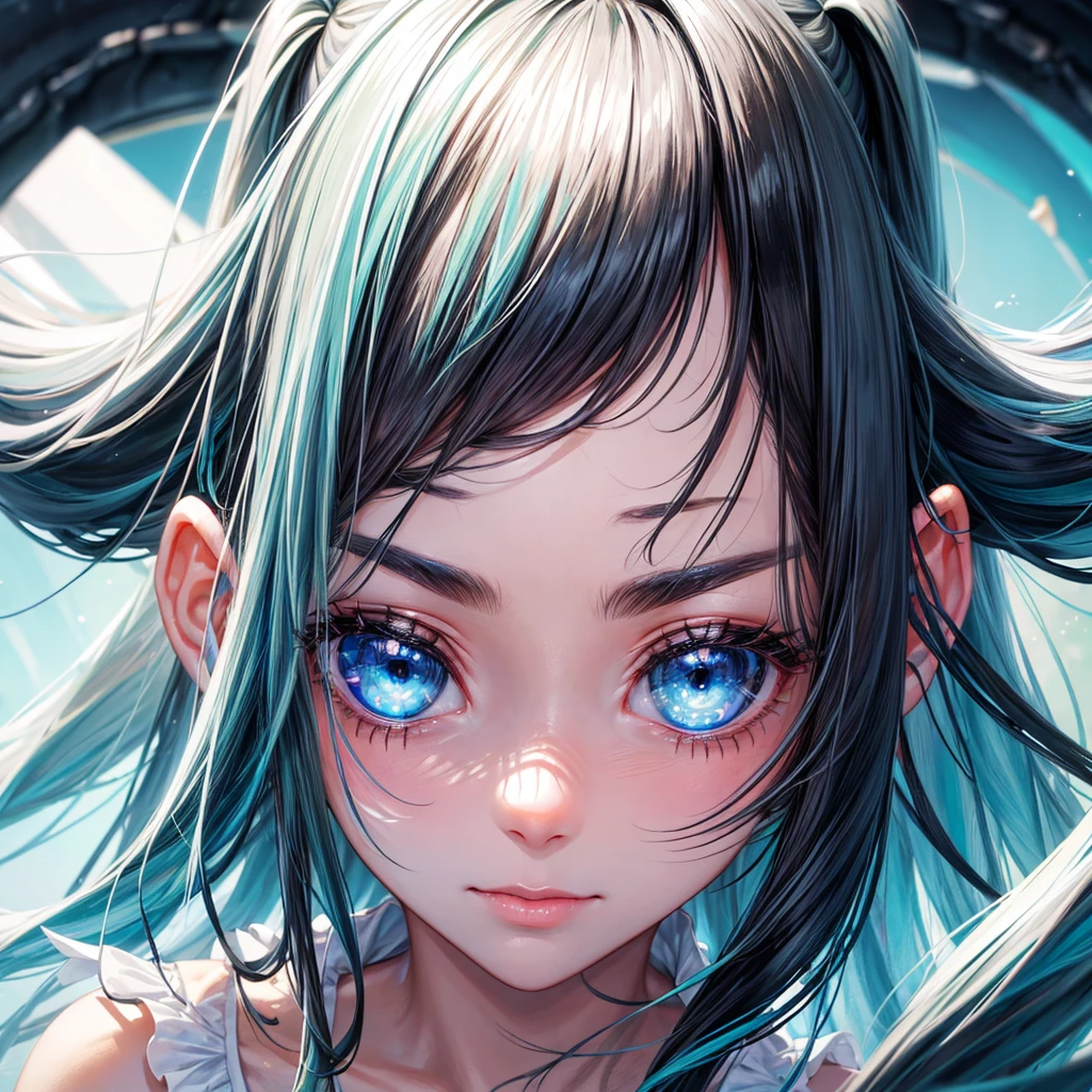 face image of a girl who has black hair with white streaks and has bright blue-green eyes