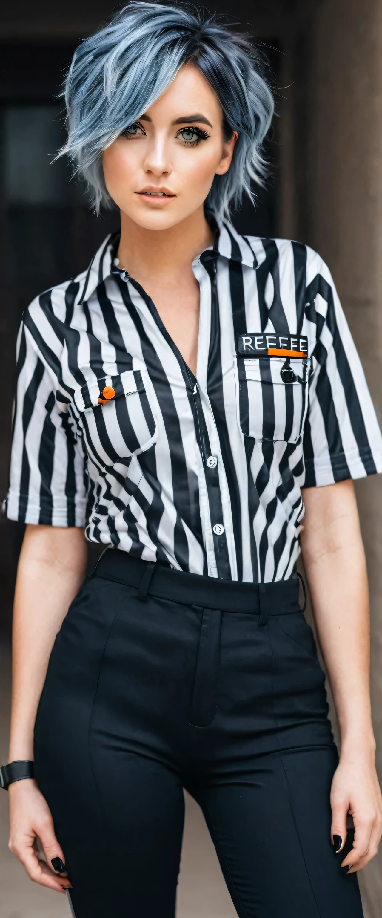 A cute sexy woman beautiful ash blue hair round short messy cut her orange eye wears black white striped referee shirt and tight black pants black heel home background
