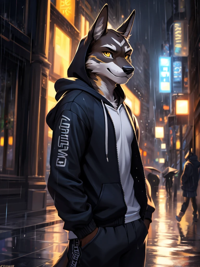 4k, ,8K, A high resolution, best quality, perfect colors, perfect shadows, perfect lighting, posted on e621, (by Chunie), male, furry, Anubis anthro, Brown Fur, solo, Yellow eyes, (Realistic eye details 1.2), night in the city, rain, (Realistic Rain detail), Streetwear Hoodie wear, wet Hoodie, Full body like, Slim body, abs, delight, Standing up position, cool pose charm, Abstract beauty, ultra detailed face, depth of field, motion blur, high details, high quality, award winning, HD, 16k, (best quality,4k,8k,highres,masterpiece:1.2),ultra-detailed,realistic:1.37,HDR,UHD,studio lighting,extreme detail description,professional,vivid colors,bokeh,lively atmosphere, natural lighting, smile, Looking at camera