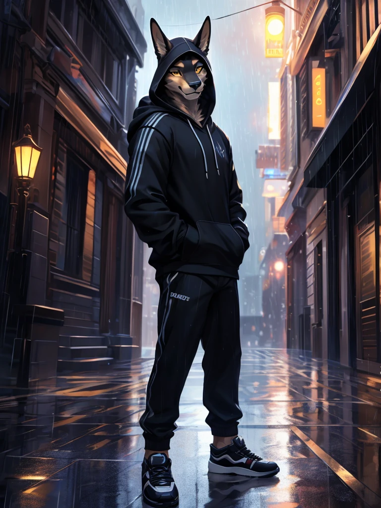 4k, ,8K, A high resolution, best quality, perfect colors, perfect shadows, perfect lighting, posted on e621, (by Chunie), male, furry, Anubis anthro, Brown Fur, solo, Yellow eyes, (Realistic eye details 1.2), night in the city, rain, (Realistic Rain detail), Streetwear Hoodie wear, wet Hoodie, Full body like, Slim body, abs, delight, Standing up position, cool pose charm, Abstract beauty, ultra detailed face, depth of field, motion blur, high details, high quality, award winning, HD, 16k, (best quality,4k,8k,highres,masterpiece:1.2),ultra-detailed,realistic:1.37,HDR,UHD,studio lighting,extreme detail description,professional,vivid colors,bokeh,lively atmosphere, natural lighting, smile, Looking at camera