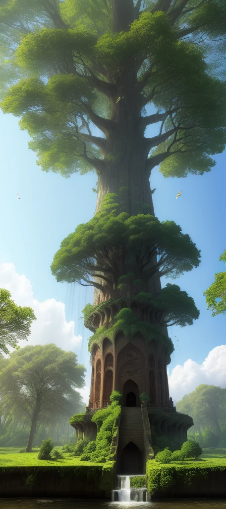 A Mosque in Upper body of the tree , huge tree water falls, amazing day sunny day