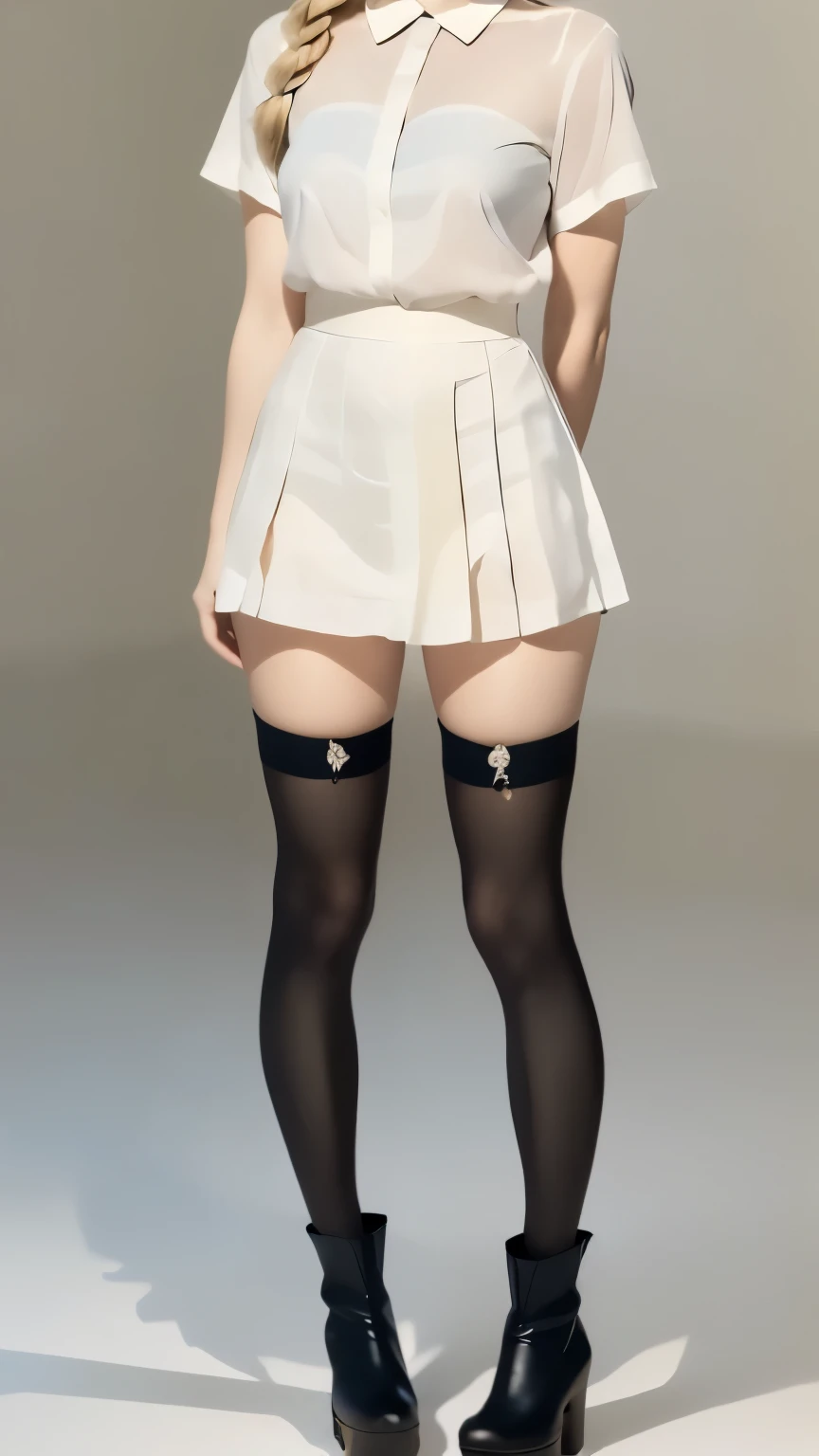 (masterpiece, Highest quality, Very detailed, Beautiful details in the eyes, Clean and delicate face), 1. woman, alone, From below, (whole body, Are standing), Blonde single braided ponytail, Parted bangs, amount, blue eyes, smile, White short sleeve shirt, Mini Check Skirt, thigh, Black thigh-high stockings, Platform boots, Simple color background