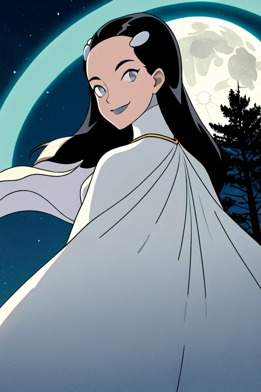 Tinya Wazzo, solo,black hair, long hair. grey eyes, smile, grey lips, white cape, best quality, masterpiece, 1girl, Masterpiece, Best Quality, Detail, forest, night, moon, From Behind, From Below, cape in front, solo, 1girl