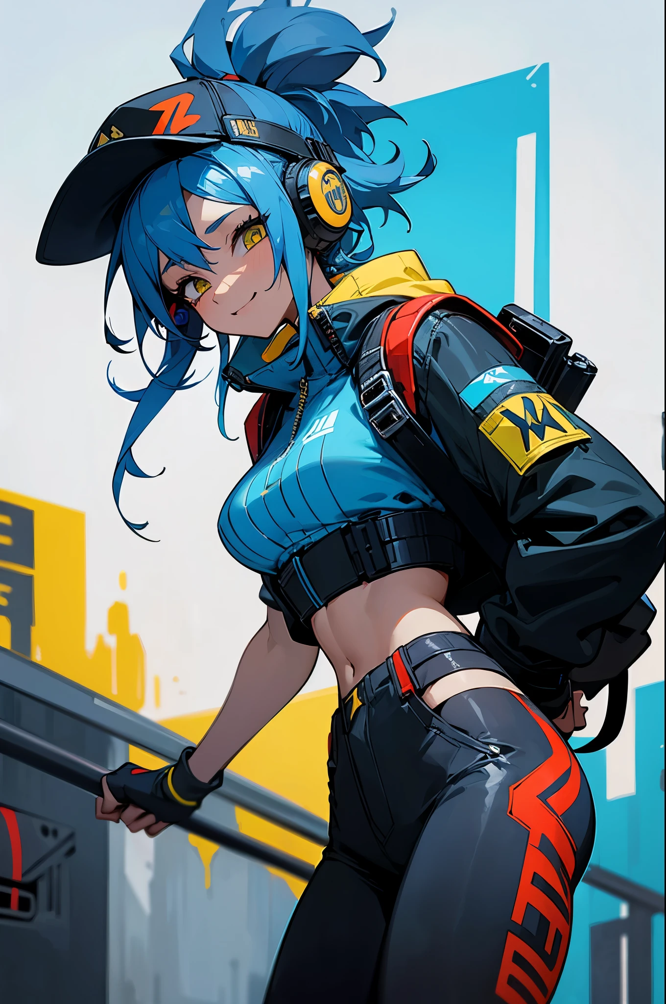 a black girl graffiti artist, headphones on ear, DJ, Music, Black and blue hair dreads, apex legends, cyberpunk character design, ,music (urban, red, yellow, blue clothing), snap back hat, vigilante, backpack, hip-hop, crop top, headphones on ear, spray paint cans accessories, music, sexy, tight clothing smiling, fit, blue piercings, (red, yellow, blue clothing) ( Masterpiece) ( Best Quality)
