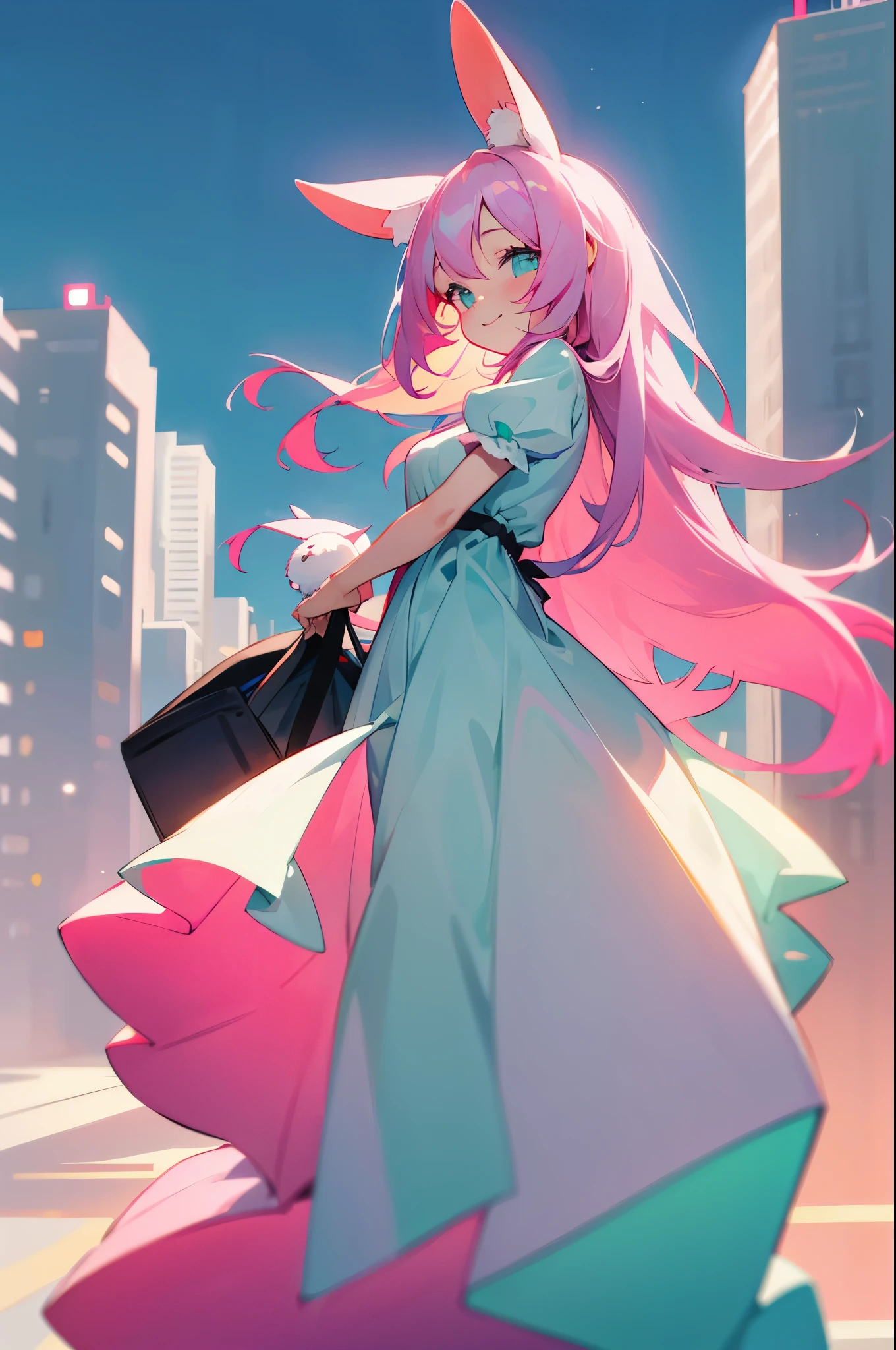1 girl, long hair, long bangs, pink and turquoise hair, hidden hairstyle, white bunny ears, black Horizontal striped dress, city life, turquoise eyes, Rabbit ears droop down, long dress, light smile