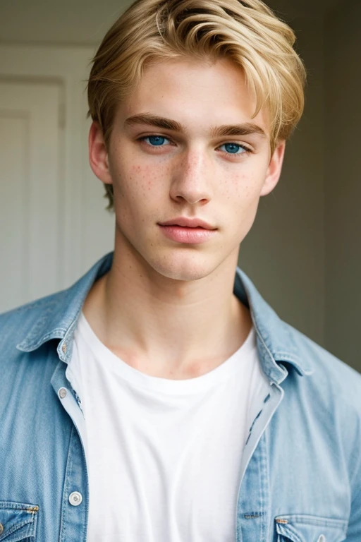 create a super handsome boy, light blue eyes, blonde, freckles, tender but imposing, type that has duality, with a marked and tall body, with a relationship xcry, A boy who looks masculine but tender, french