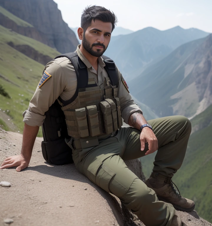 30 years old,One Man,、Iraqi　Combatant、Cliff in the mountains。Sit with your legs wide open、Hold a gun,logic,Gay ,Very short hair,Stubble,Cool handsome guy、The crotch area is bulging