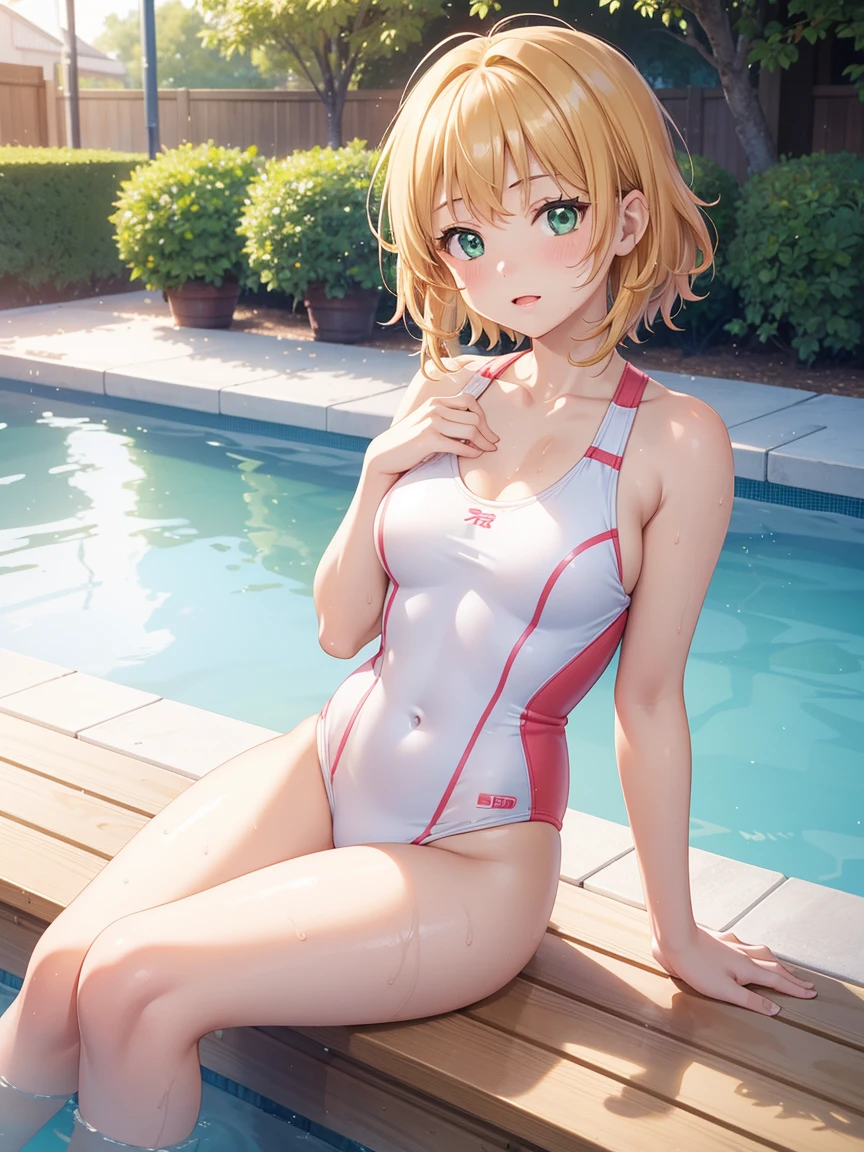 One girl, Natural light, masterpiece, Very detailed, figure, Game CG, Absurd, high quality, kinomoto sakura, (18-year-old girl), (Medium chest), Beautiful attention to detail, Glossy Lips, Natural light, fluffy short blonde hair, Messy Hair, Green Eyes, Sitting, Edge of the pool, One piece swimsuit