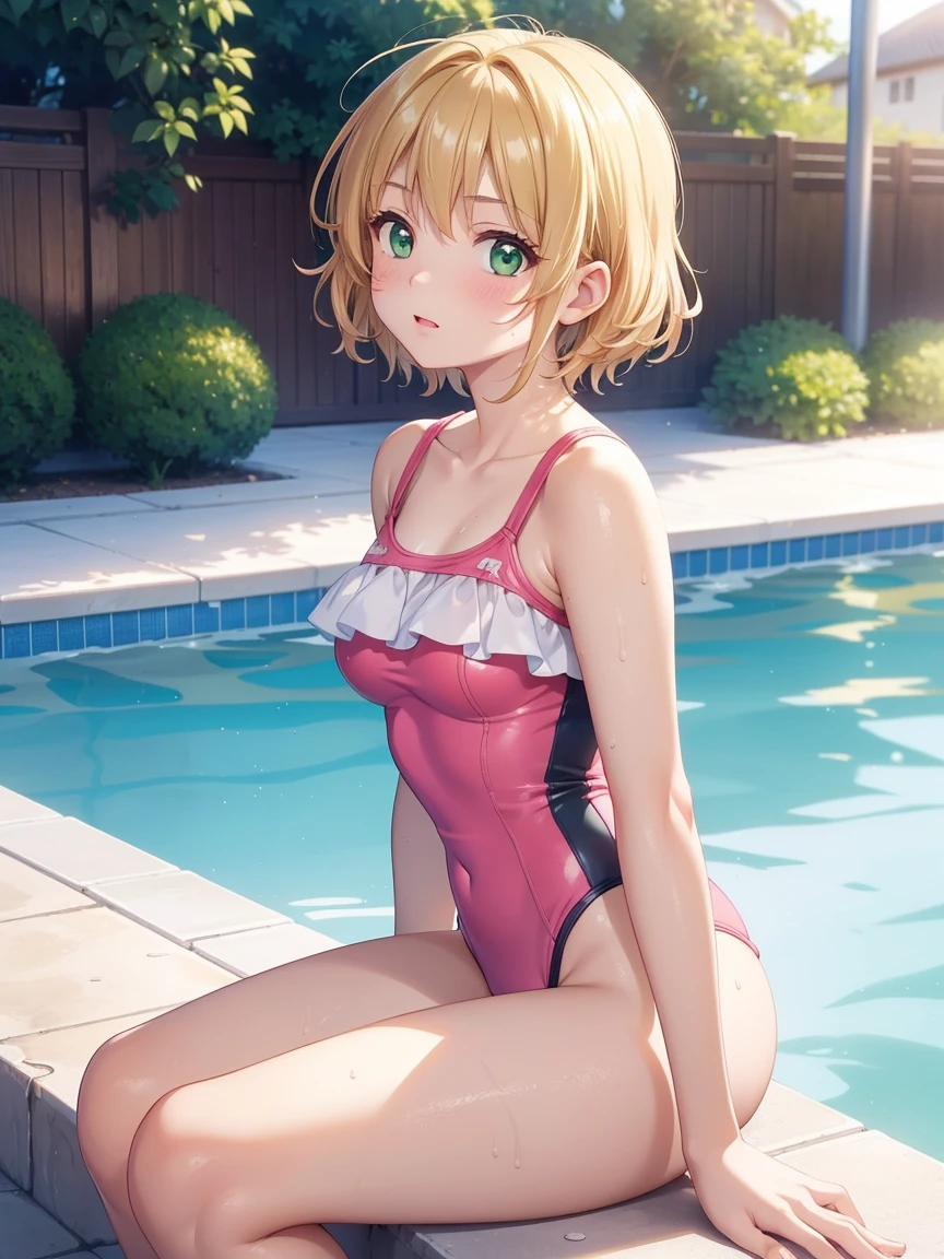 One girl, Natural light, masterpiece, Very detailed, figure, Game CG, Absurd, high quality, kinomoto sakura, (18-year-old girl), (Medium chest), Beautiful attention to detail, Glossy Lips, Natural light, fluffy short blonde hair, Messy Hair, Green Eyes, Sitting, Edge of the pool, One piece swimsuit