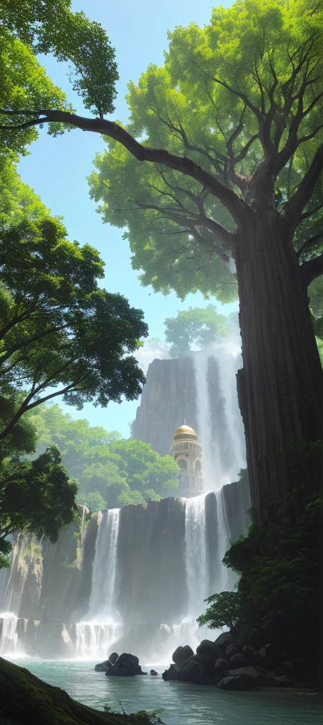 A Mosque in Upper body of the tree , huge tree water falls, amazing day sunny day