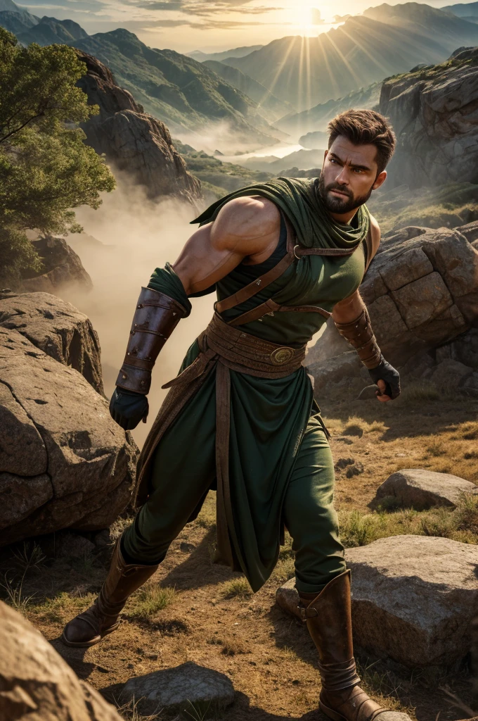 A formidable warrior with a strong, muscular build, dressed in green and black clothing that blends seamlessly with the earth. He has brown hair, cut short and tousled. In the midst of a dramatic battle, he wields earth magic, with rugged terrain and rocky formations erupting around him. He controls the ground with powerful, commanding gestures, causing the earth to rise and shift at his will. His eyes gleam with a deep, earthy intensity, reflecting his connection to the element. The scene is rendered in a photorealistic, hyper-realistic 8k style, with studio lighting. The background is a dramatic landscape of upheaved rocks and swirling dust, emphasizing the warrior’s control over the earth. His combat pose is grounded and resolute, making the image both imposing and cinematic, with rich, earthy colors, vibrant HDR, and lighting that accentuates the texture of the soil and the solidity of the rocks.